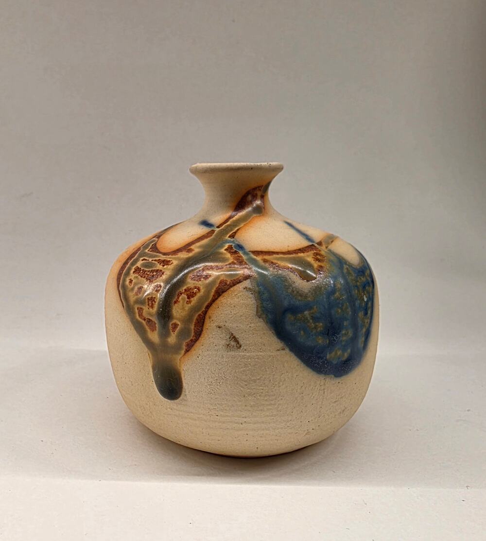 Studio Pottery Art Vase Cream Blue Drip Glaze Round Ceramic 3"